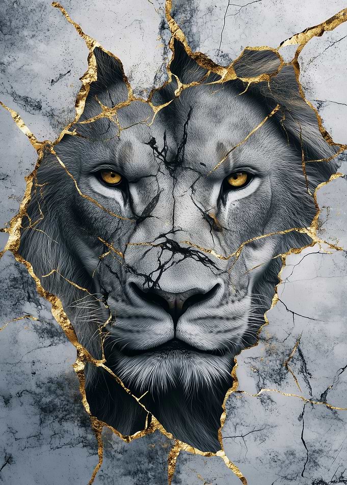 Lion Portrait with Golden Cracks