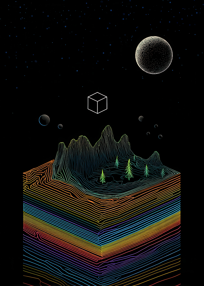 Abstract Landscape with Planets and Cube