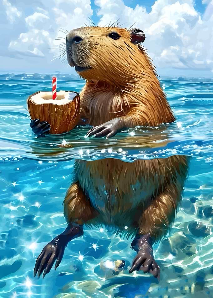 Capybara enjoying a coconut drink in ocean