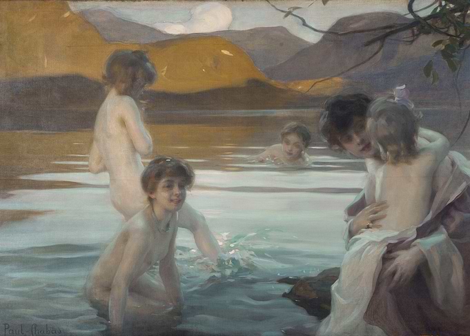 Children Bathing in Lake, Painting