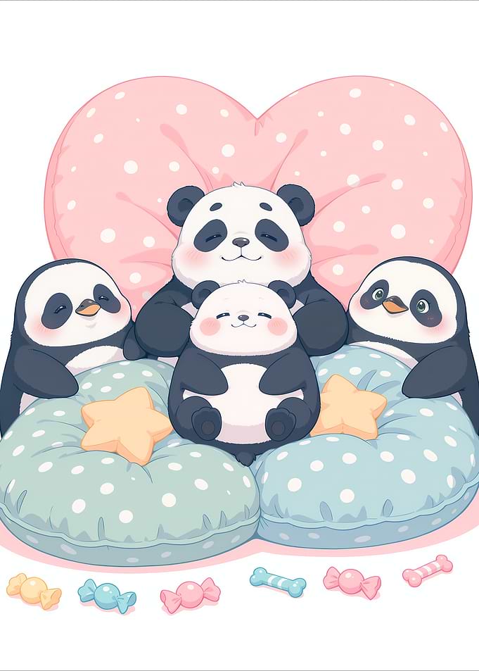 Cute Pandas and Penguins Illustration