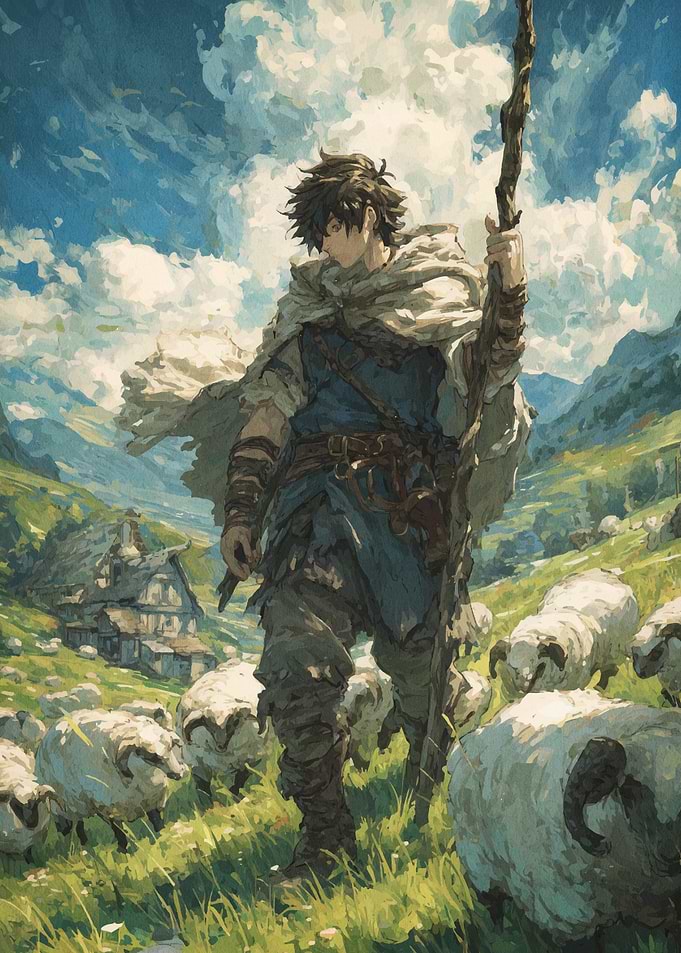 Shepherd with Sheep in Mountain Landscape