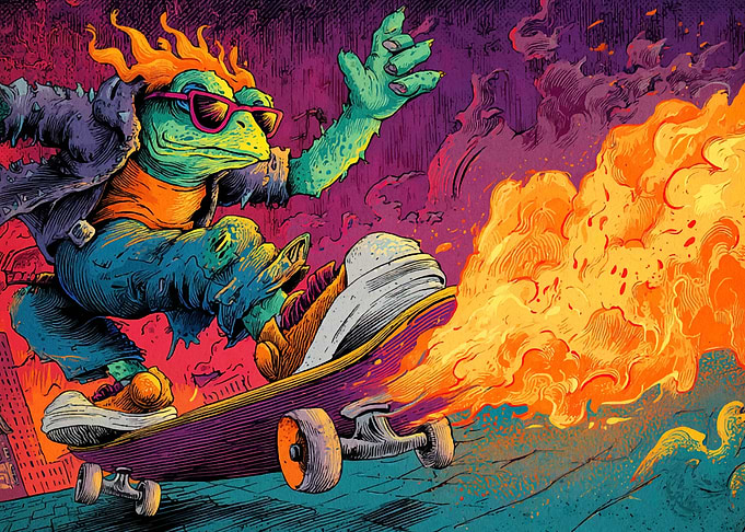 Radical Reptile Skateboarder with Fiery Flair