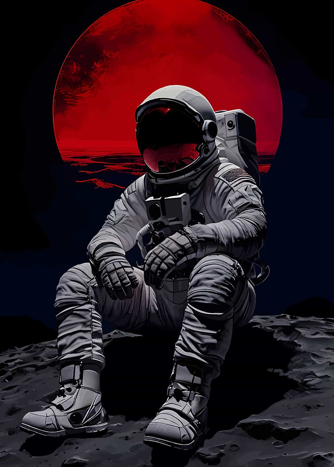 Astronaut Sitting on Moon with Red Planet
