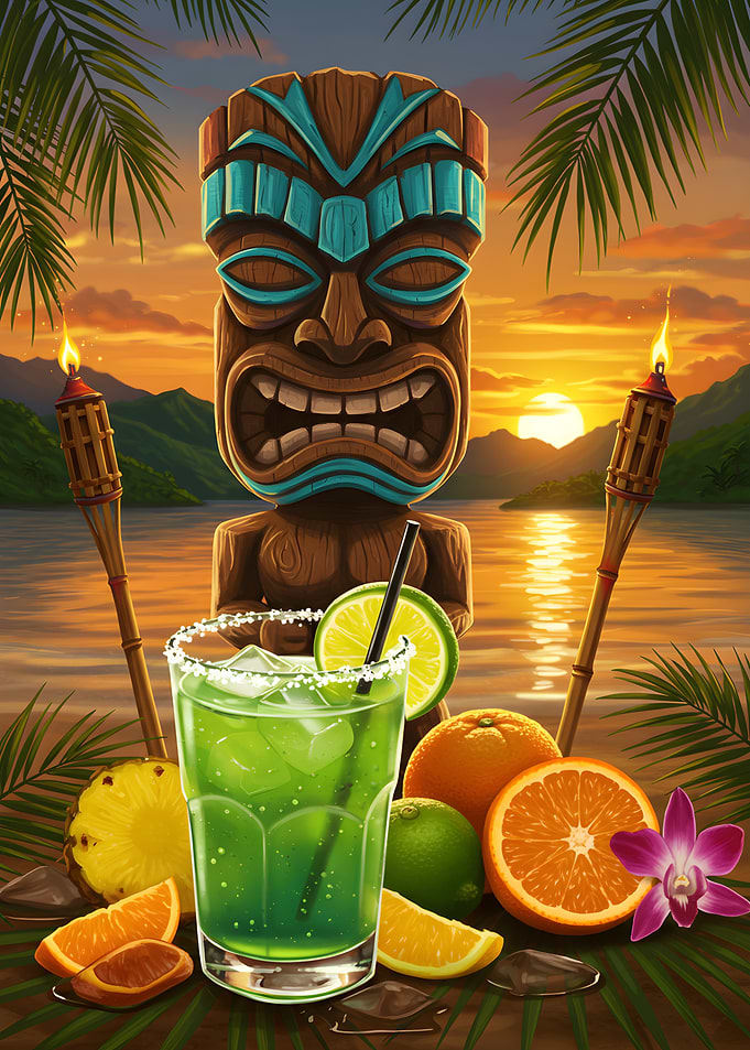Tropical Tiki Cocktail at Sunset