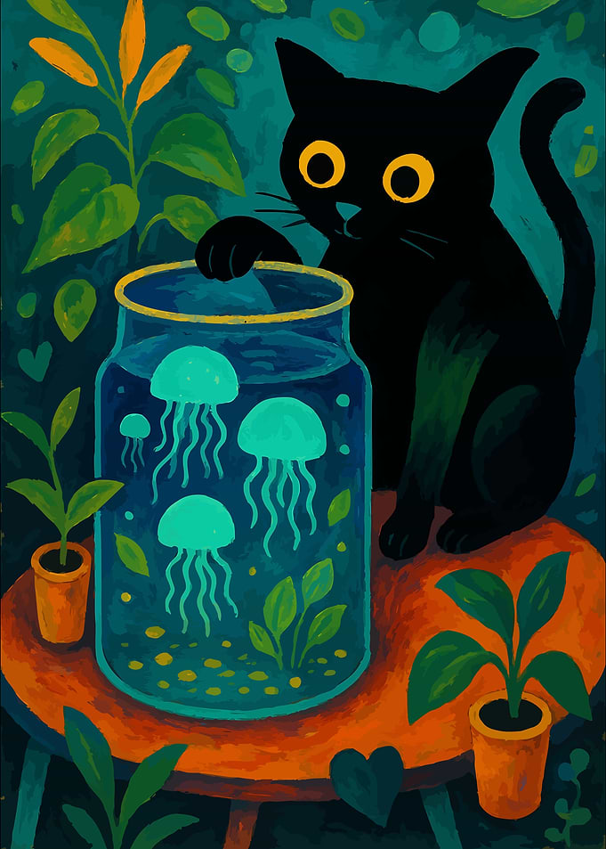Black Cat with Jellyfish Jar Painting