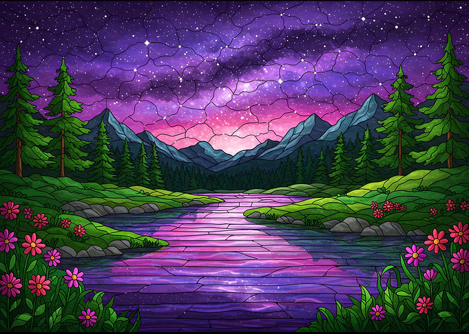 Stained Glass Night Landscape