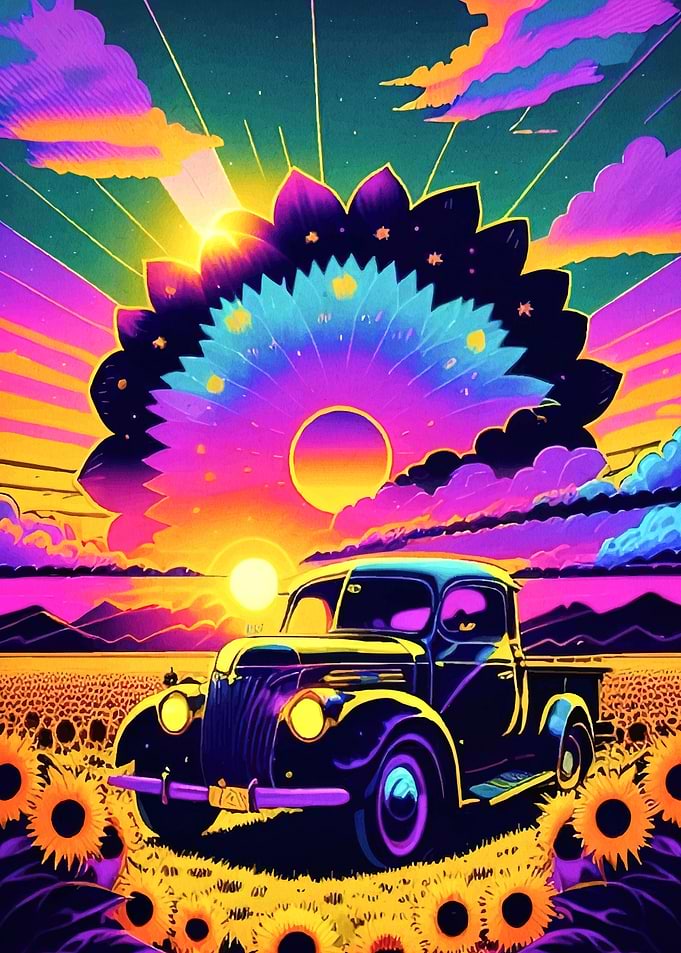 Vintage Truck Sunflower Field