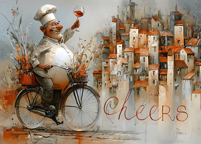 Chef on Bicycle Toasting with Wine