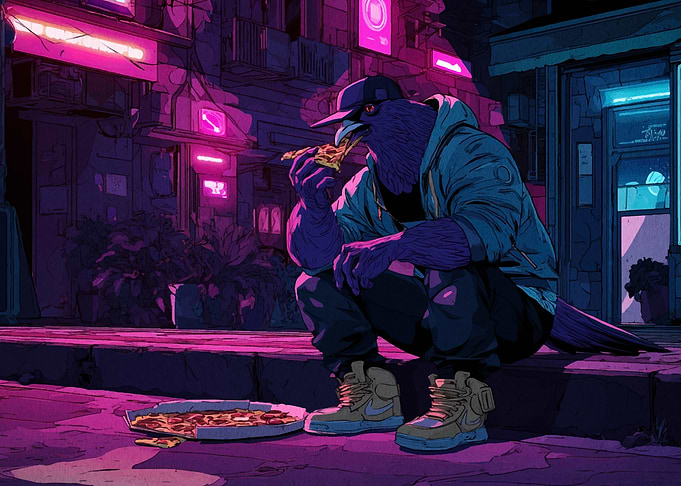 Anthropomorphic Pigeon Eating Pizza at Night