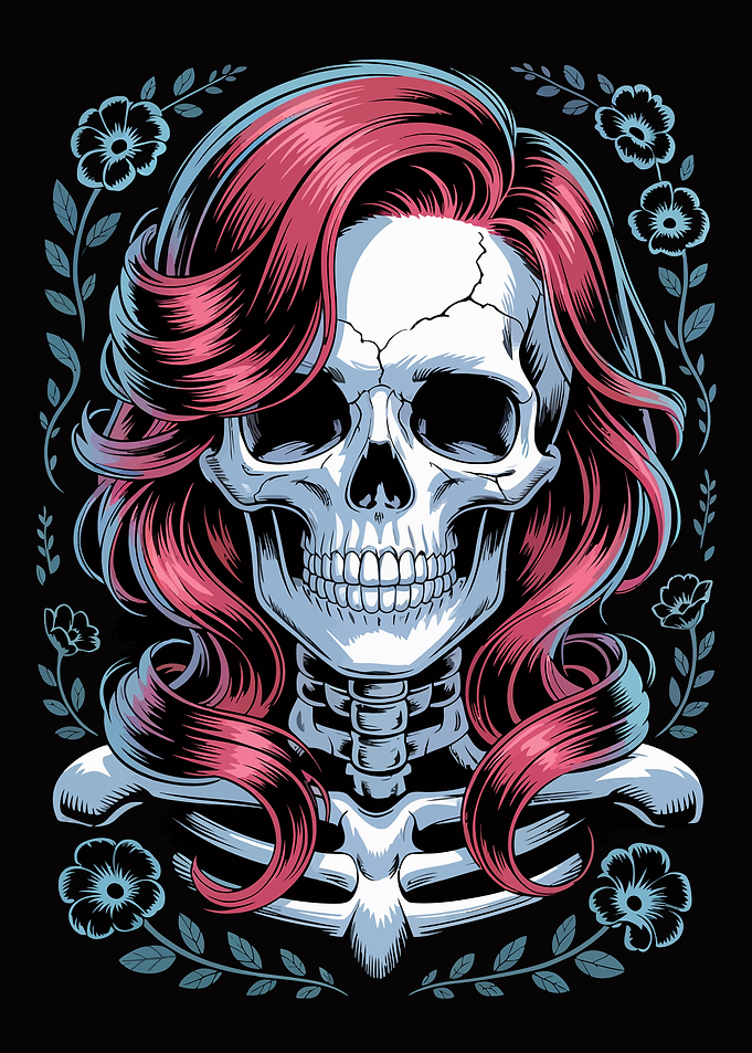 Skull with Pink Hair and Flowers