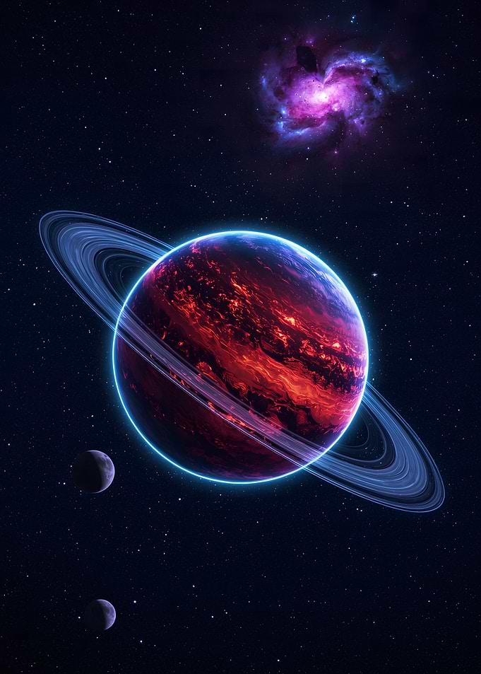 Red Planet with Rings and Nebula