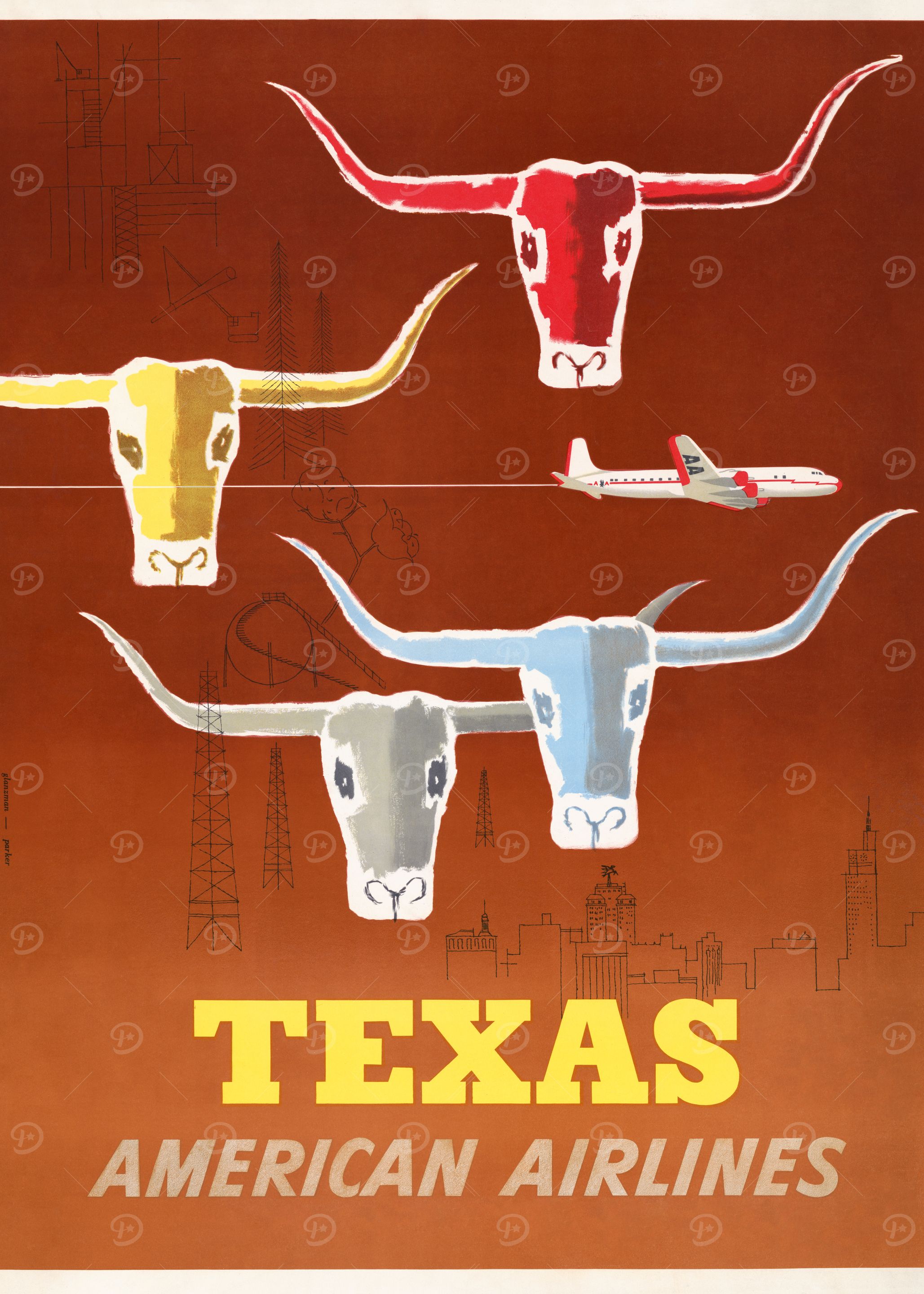 Texas American Airlines Vintage Travel Poster