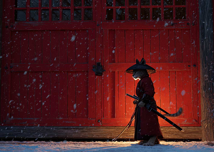 Cat Samurai in Snowy Landscape