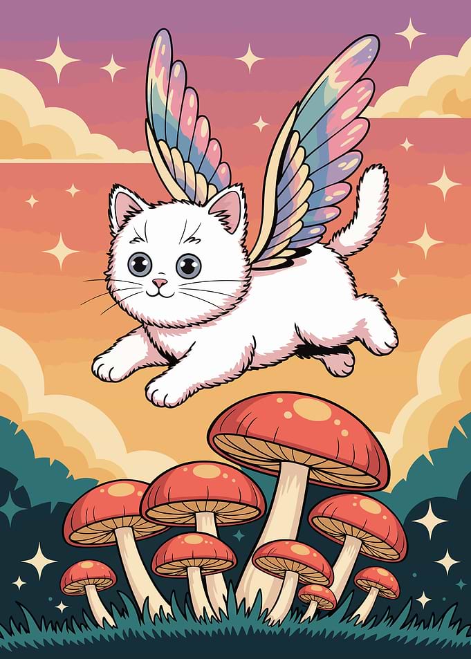 Winged Cat Flying Over Mushrooms