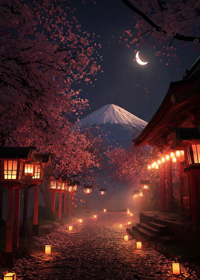 Japanese Temple at Night with Cherry Blossoms