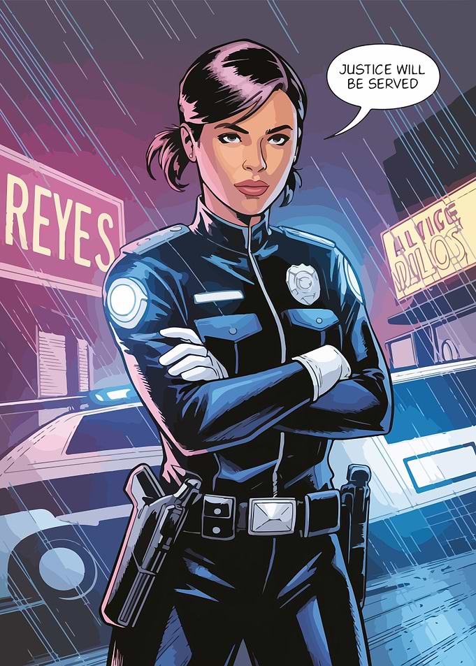 Determined Police Officer in Rainy City