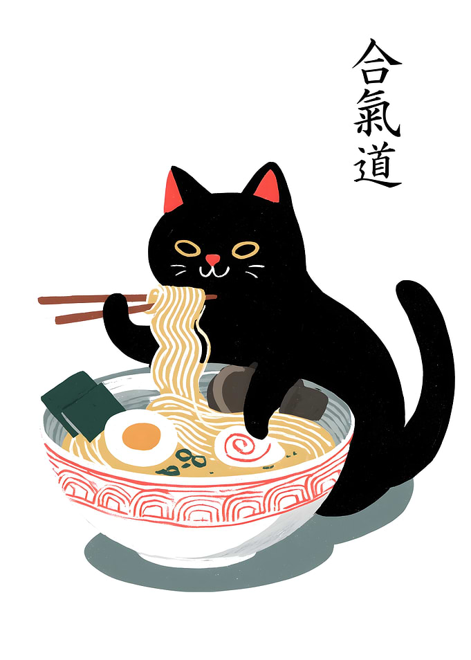 Black Cat Eating Ramen