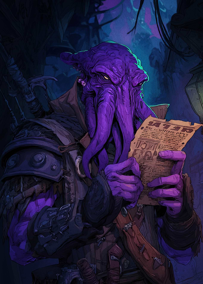 Purple Tentacled Creature Reading a Scroll