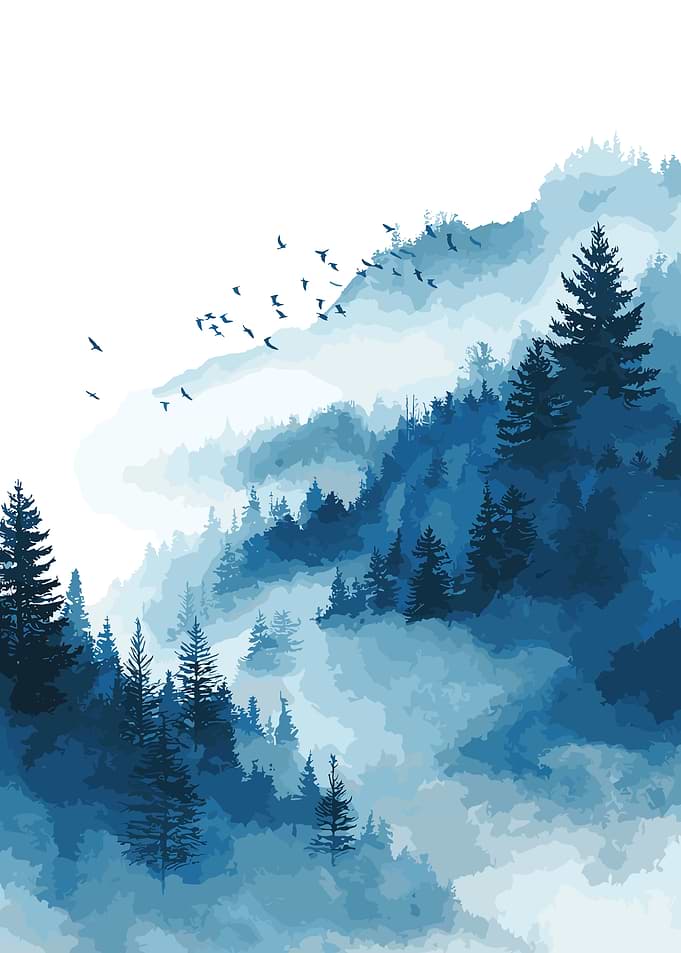 Blue Forest Landscape with Birds