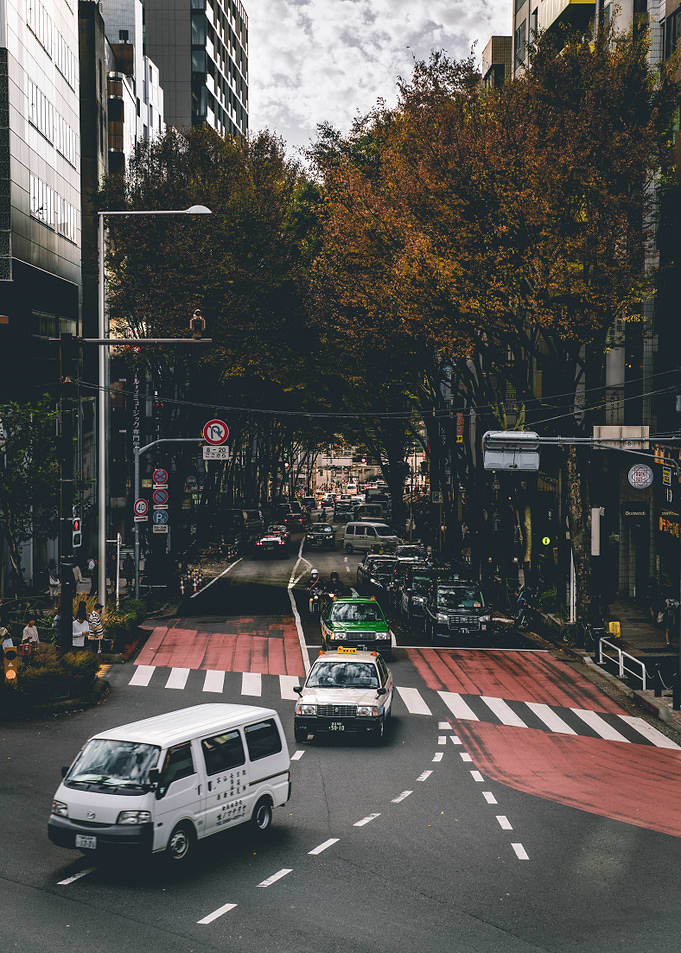 Japanese city street with cars and trees