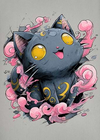 Stylized Cartoon Cat with Pink Clouds