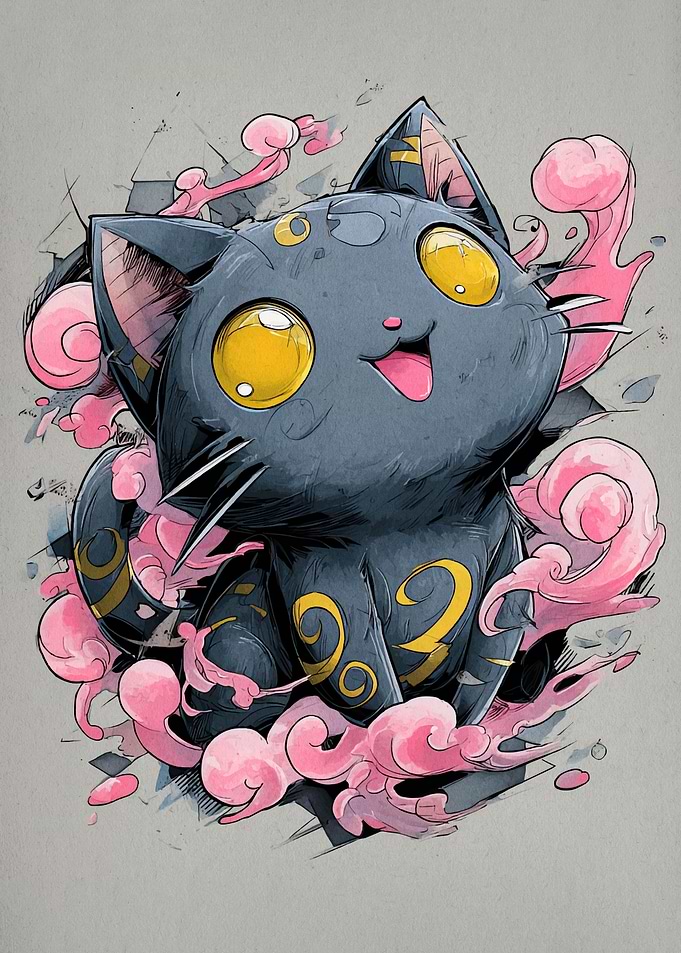 Stylized Cartoon Cat with Pink Clouds