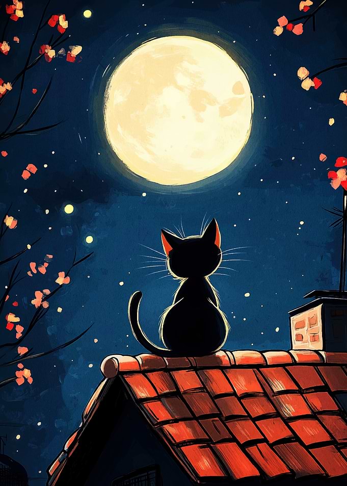 Black Cat on Roof Under Moonlight