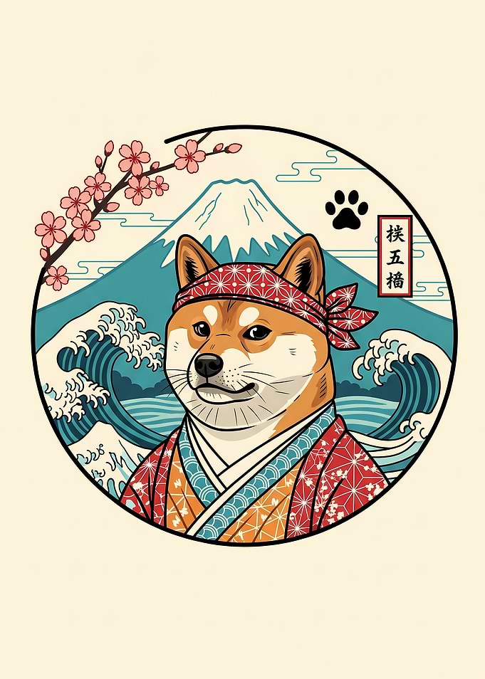 Shiba Inu Samurai with Mount Fuji