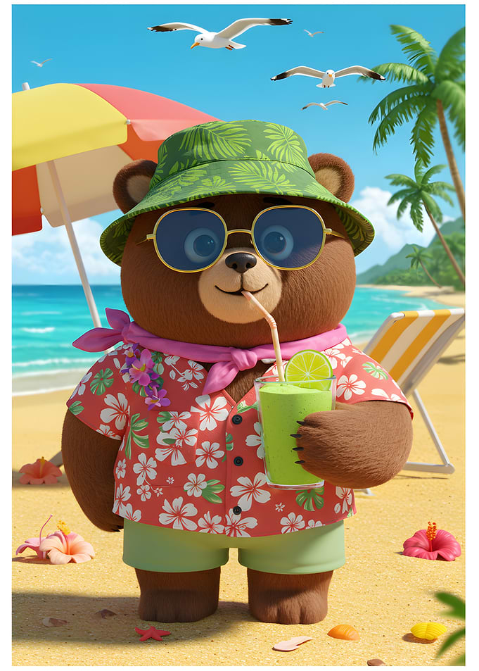 Bear on Beach with Drink