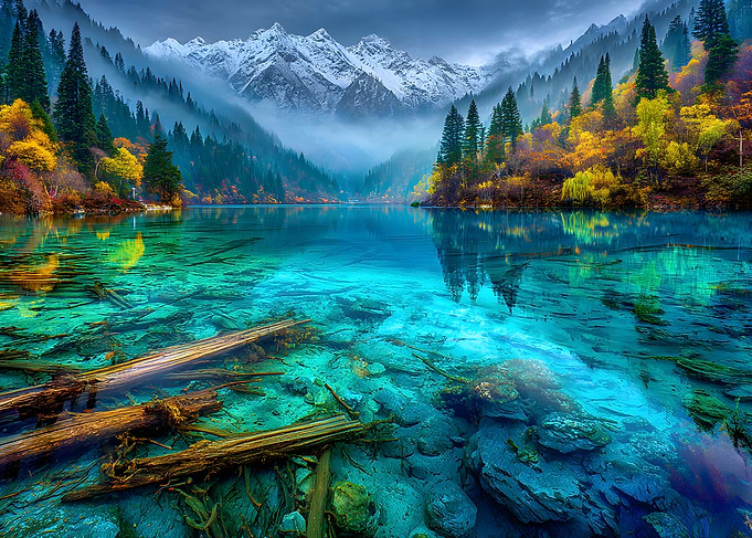 Turquoise Lake with Snowy Mountains