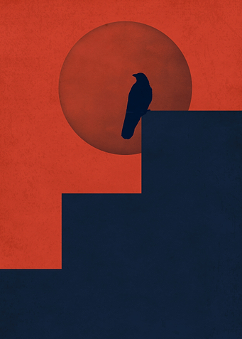 Raven on Steps with Red Moon