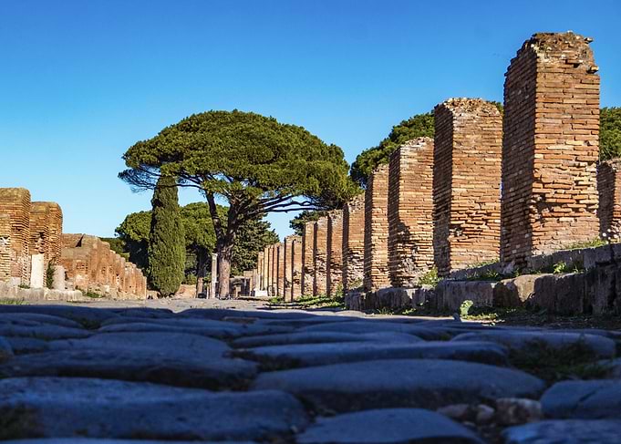 Ancient Roman Road Ruins Landscape in Ostia Antica