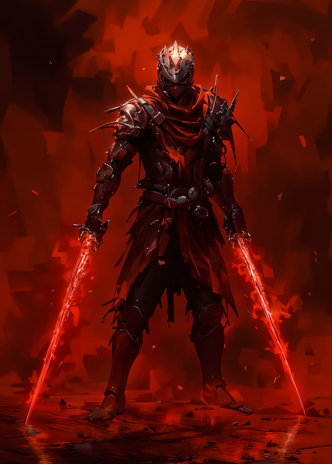 Red Armored Warrior with Glowing Swords