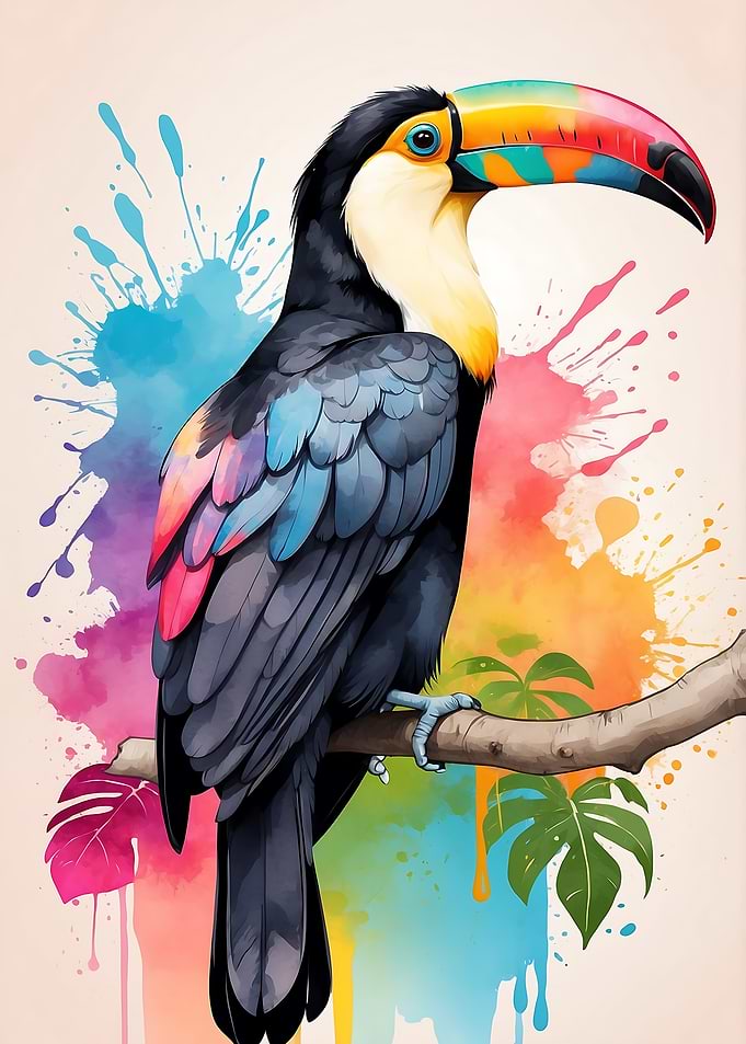 Colorful Toucan on Branch with Watercolor Splatters