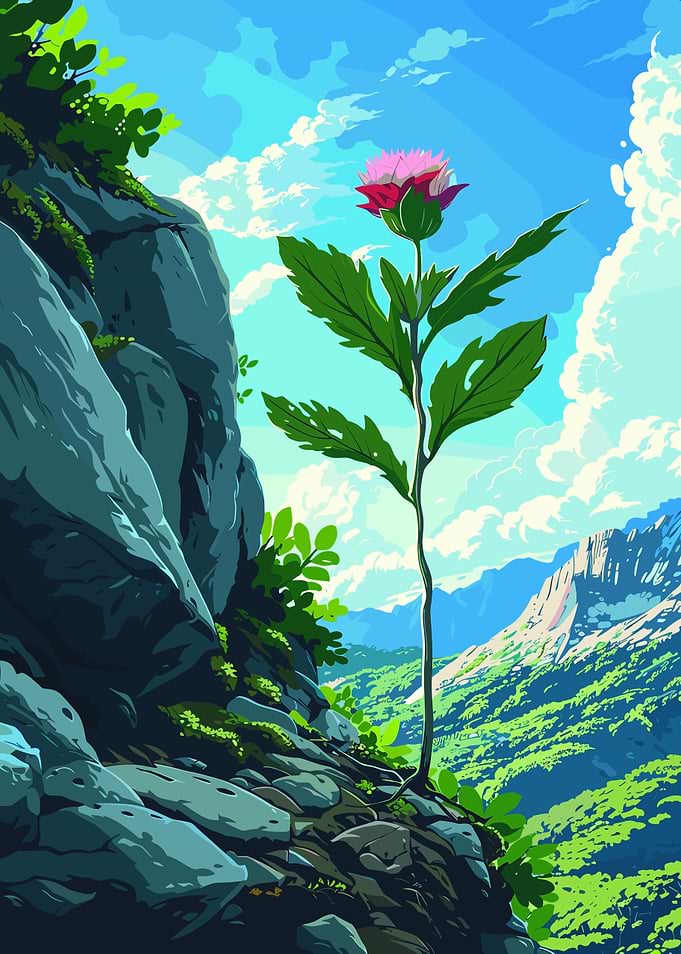 Lone Flower on Mountain Landscape