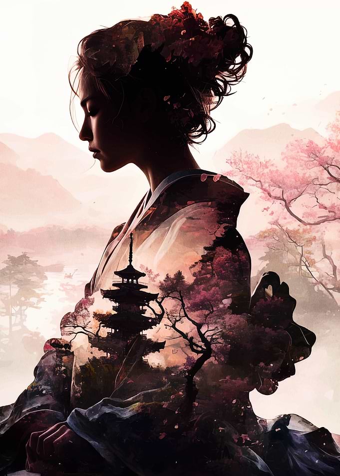 Japanese Woman with Pagoda and Cherry Blossoms