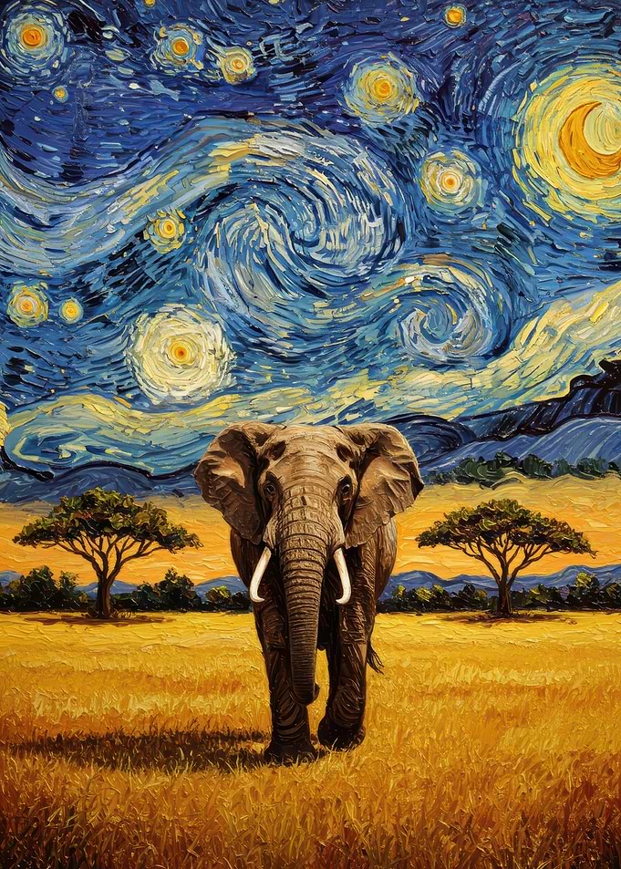 Elephant under Starry Night sky painting