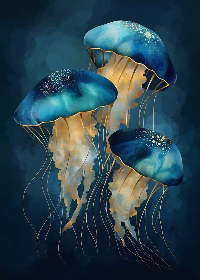 Elegant Jellyfish Art on Dark Blue