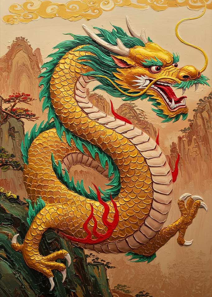 Golden Dragon Painting with Mountain Backdrop