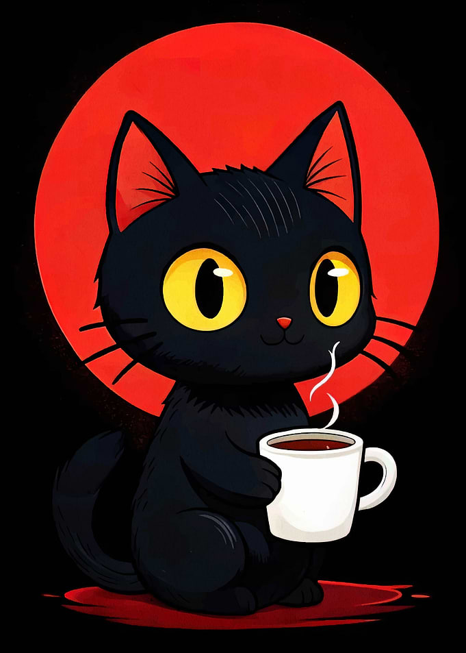 Black Cat with Coffee Cartoon Illustration