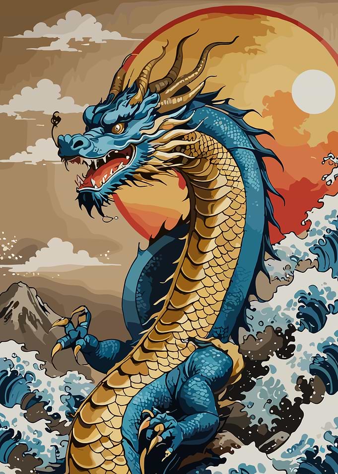 Blue and Gold Dragon with Waves