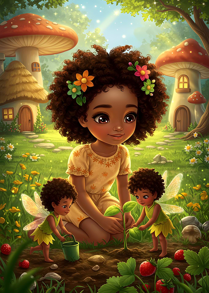 Girl with fairies planting a tree