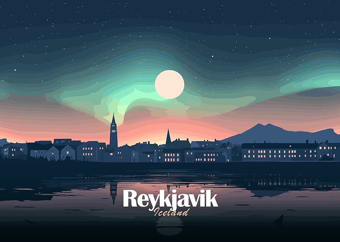 Reykjavik Iceland Nightscape Vector Illustration