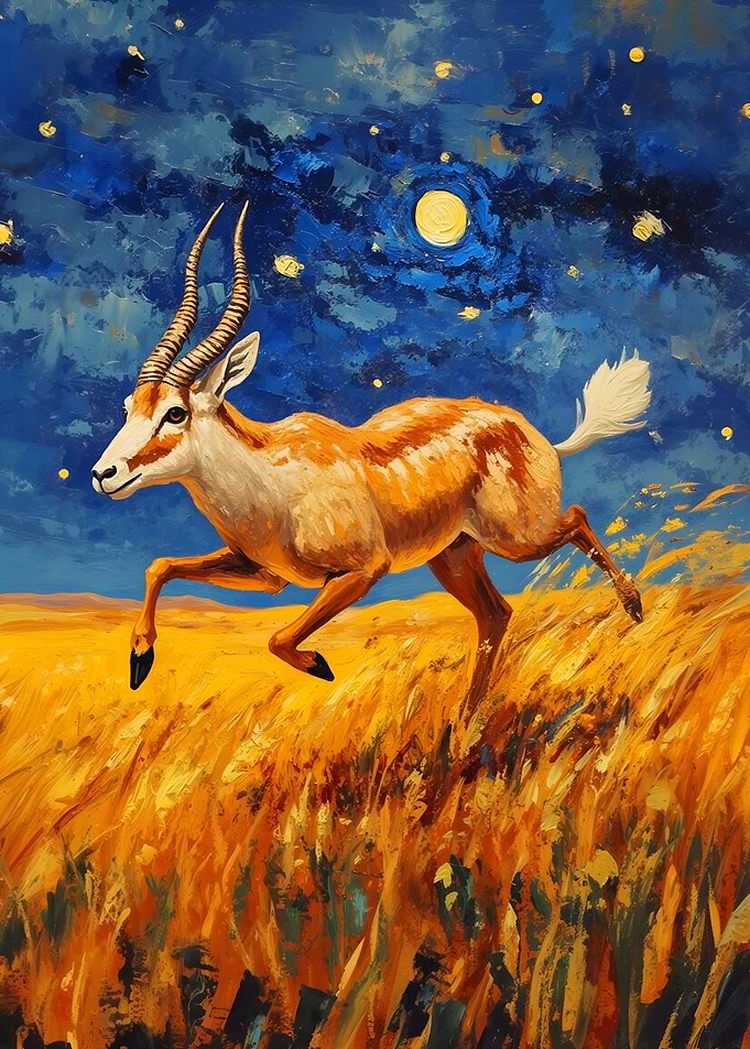 Antelope Running Under Starry Night Painting