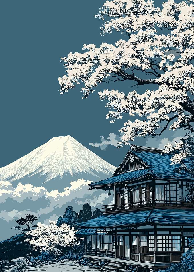 Mount Fuji and Traditional Japanese House