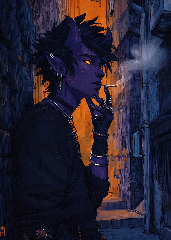 Demon Boy Smoking in Alleyway