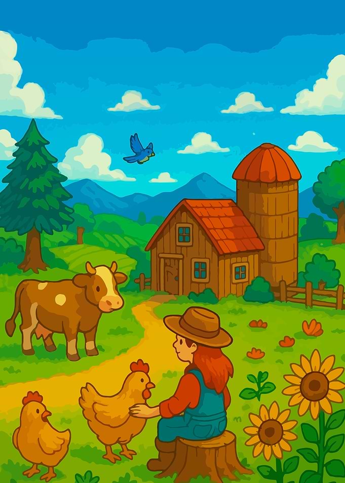 Cartoon Farm Scene with Farmer and Animals