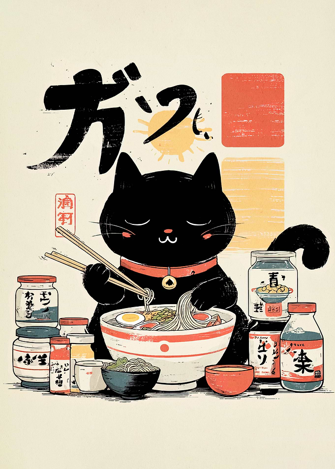 Black Cat Eating Ramen Illustration