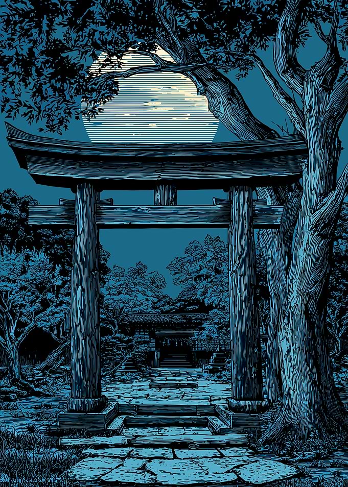 Japanese Torii Gate Under Moonlight